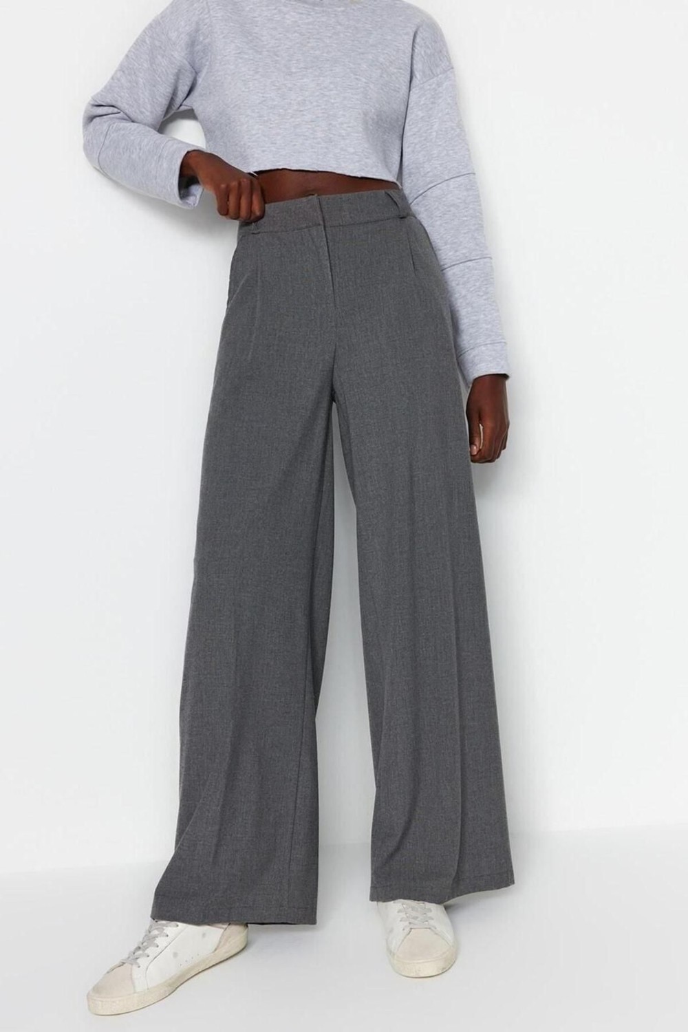 FRM Women's New Fashion Wide Leg Long Length Woven Anthracite Palazzo