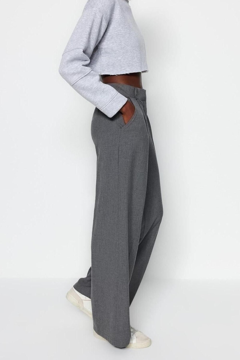 FRM Women's New Fashion Wide Leg Long Length Woven Anthracite Palazzo