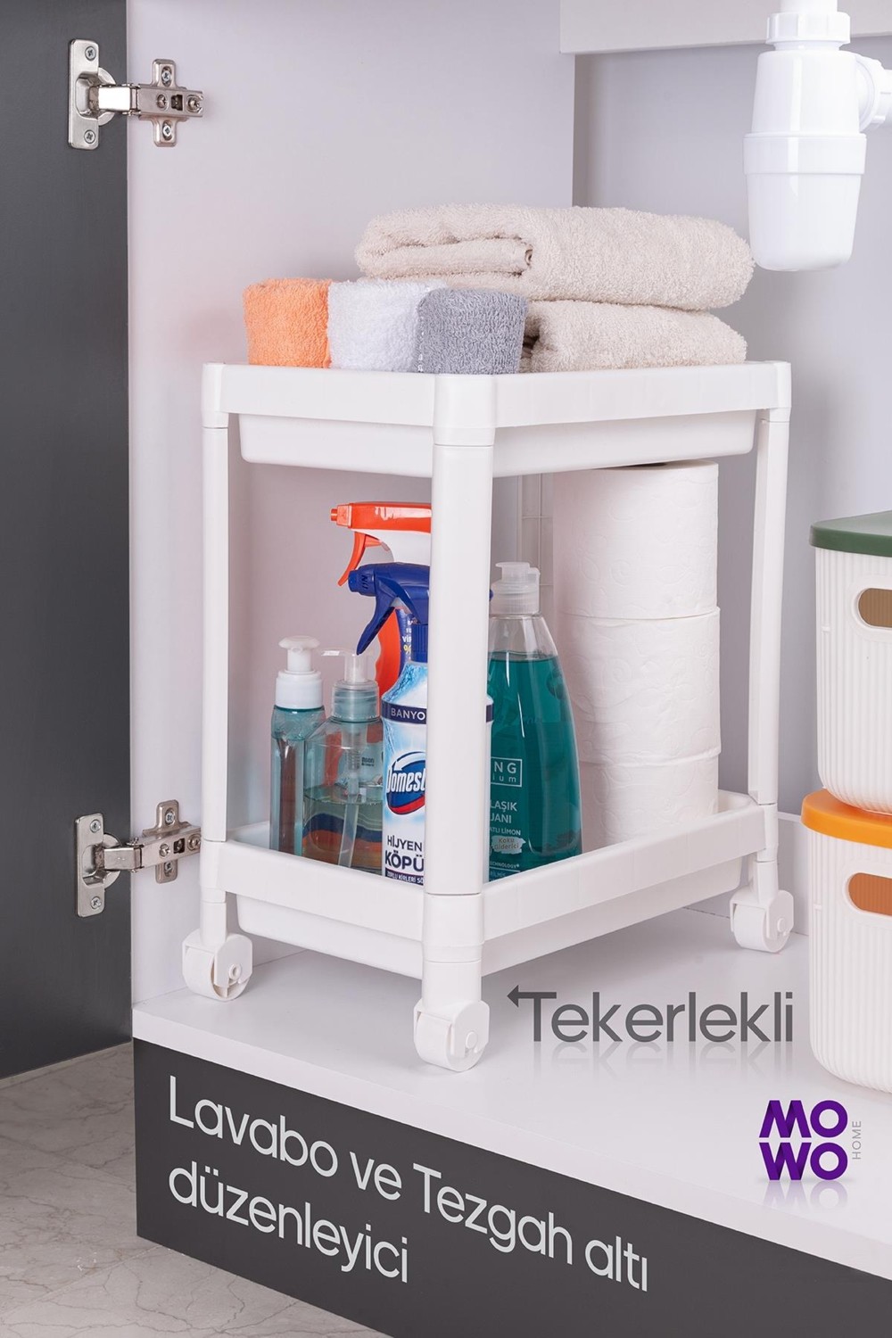 Mowo Home 2Tier Wheeled Organizer Shelf White, Bathroom Kitchen Countertop and Under