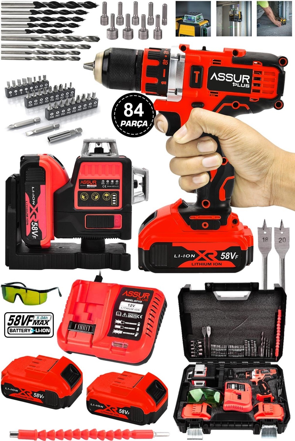 Assur Steel Chuck 84 Pieces Cordless Drill Red and Double Cordless 12 Corner 360° Automatic