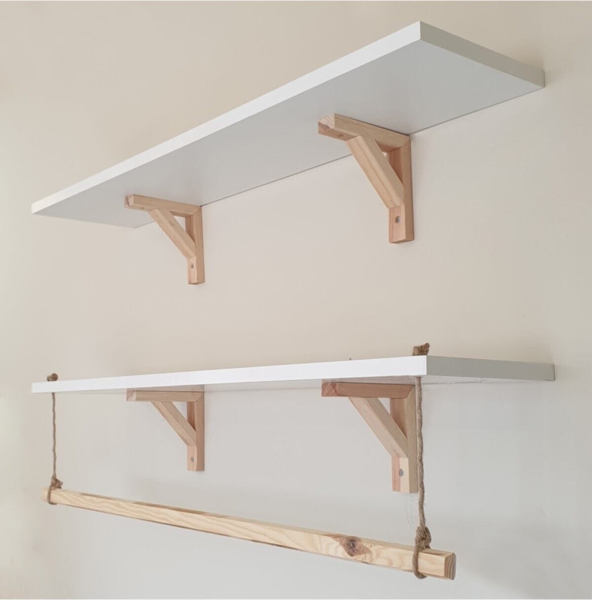 20 Cm 2Piece WoodenWhite Decorative Wall Shelf with Rope Hanger 80x20