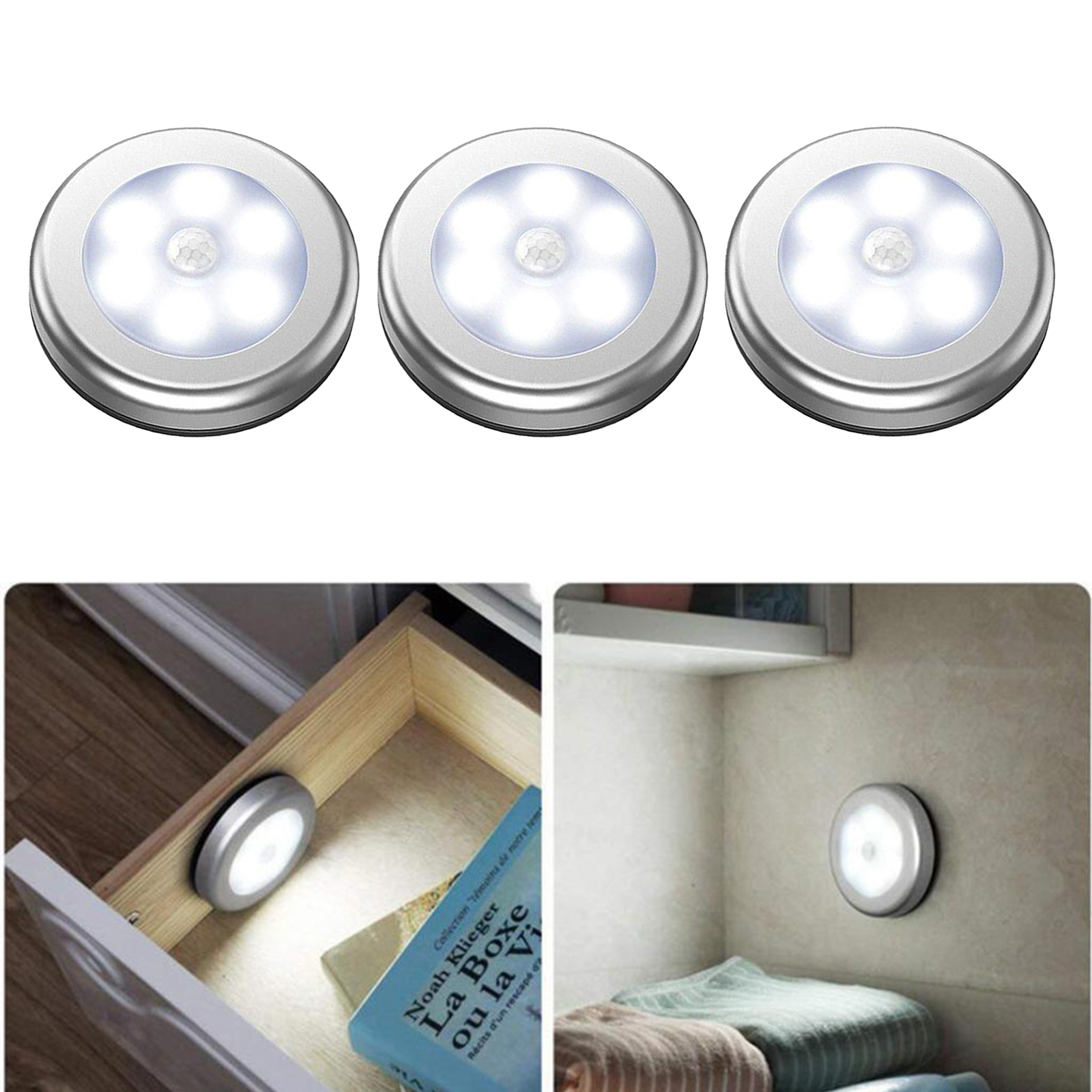 3pcs 6 Sensor Lights Wireless Night Light for Stair Bathroom White ...