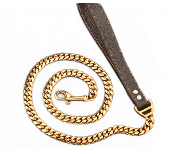 Luxury Dog Training Leash Genuine Leather Handle Heavy Duty Stainless