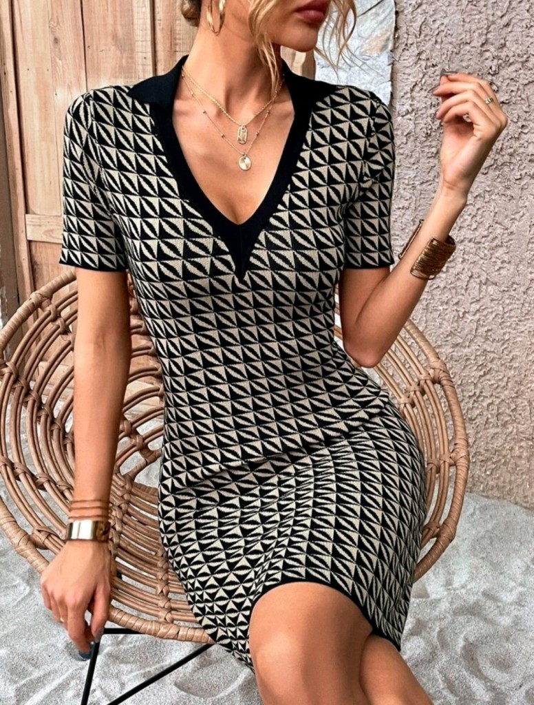 Janes women s short sleeve polo neck patterned knitwear dress