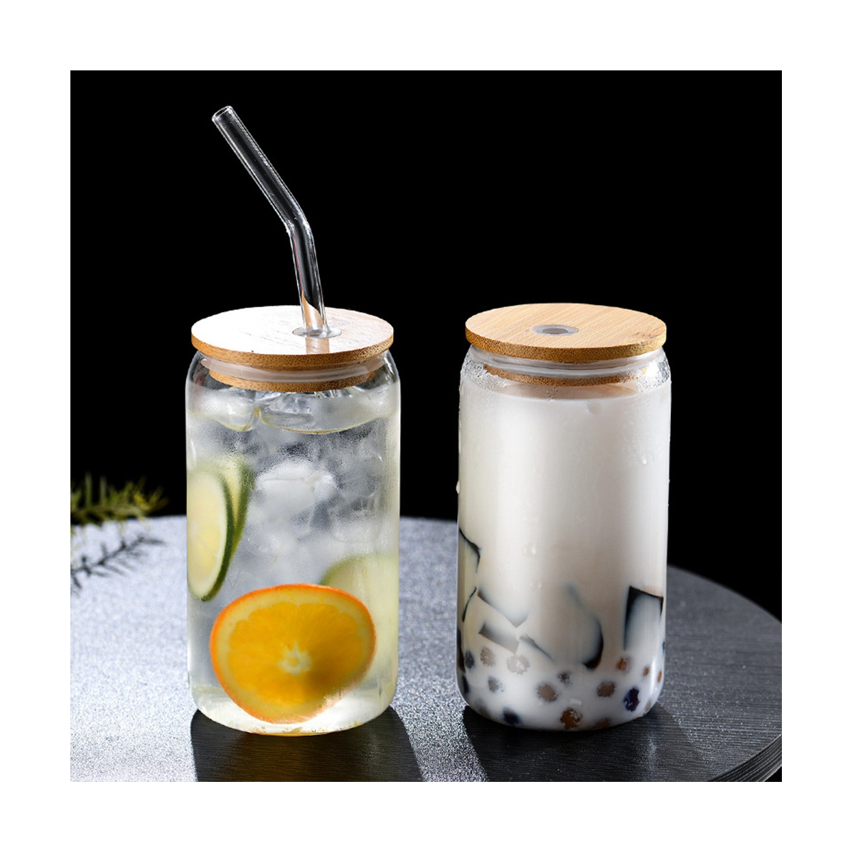 6Pcs Set Drinking Glasses with 6 Bamboo Lids and 6 Glass Straws, 16Oz ...