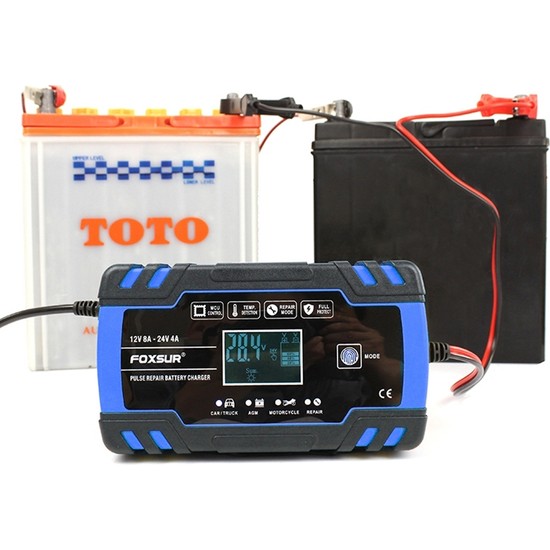 Foxsur 12V 8A 24V 4A Pulse Repair Charger with LCD Display, Motorcycle ...