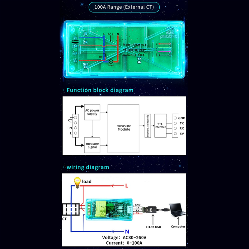 10A PZEM 004T 3.0 Wattmeter Meter Current Test Module for Arduino TTL ...
