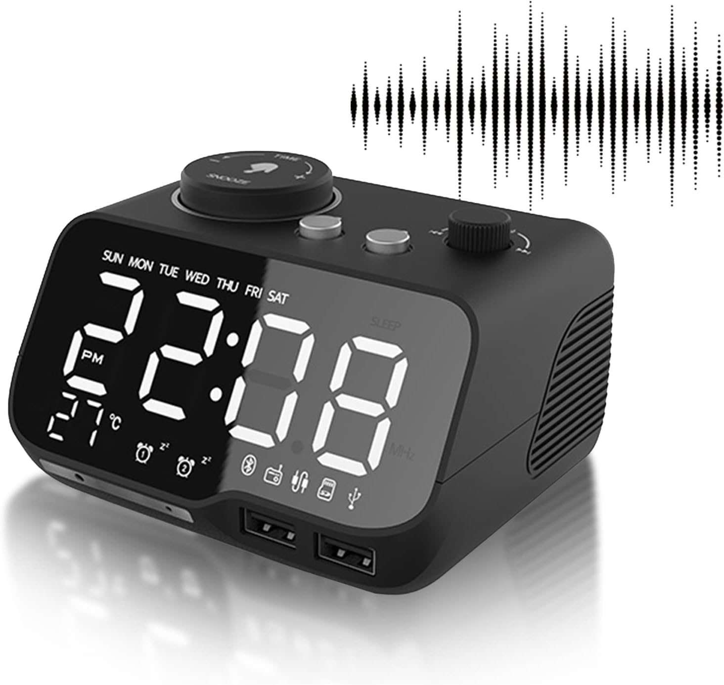 Led Digital Radio Alarm Clock, Adjustable Volume and Brightness, Black Silent alarm clock with