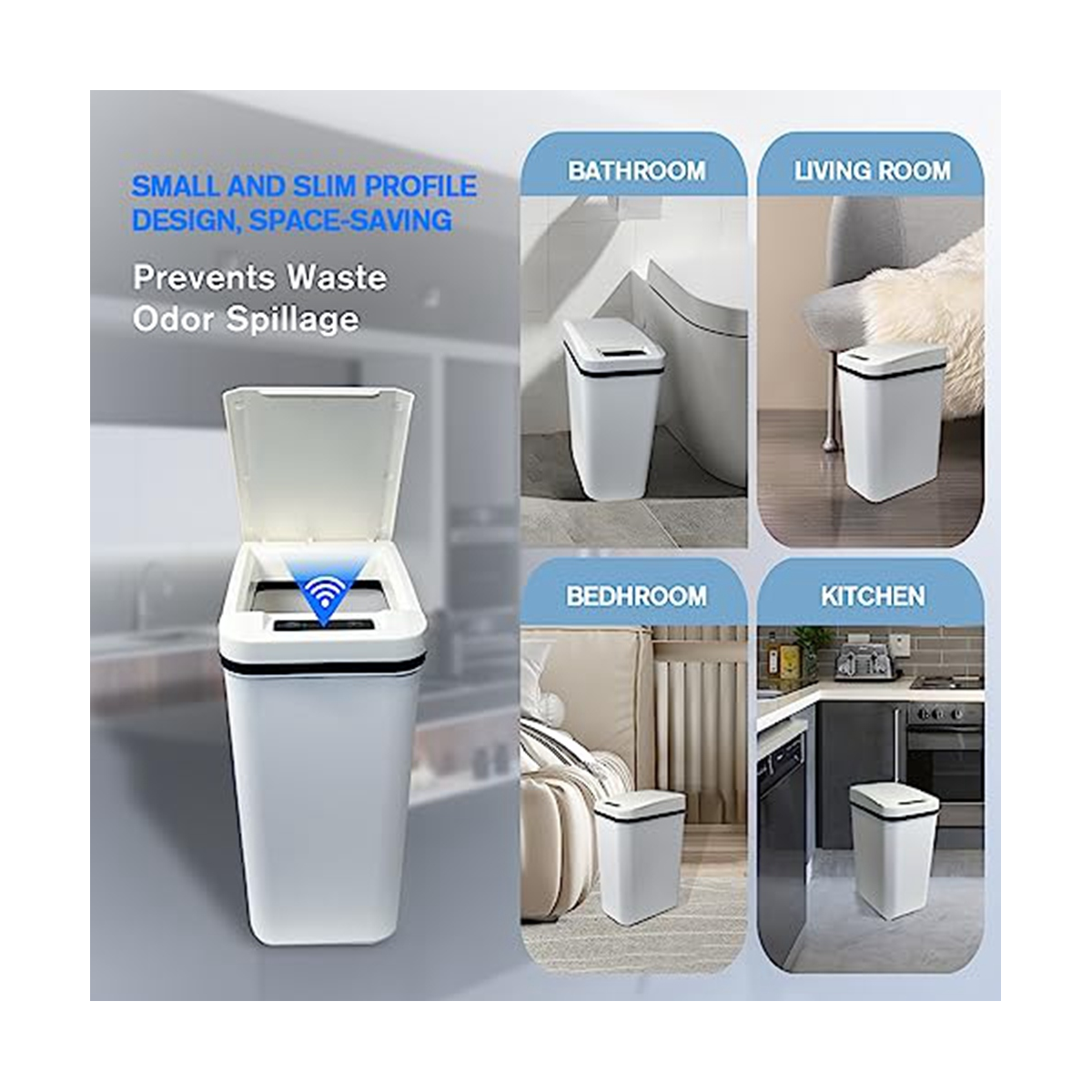 Automatic Touchless Bathroom Trash Can with Lid White Slim Narrow ...