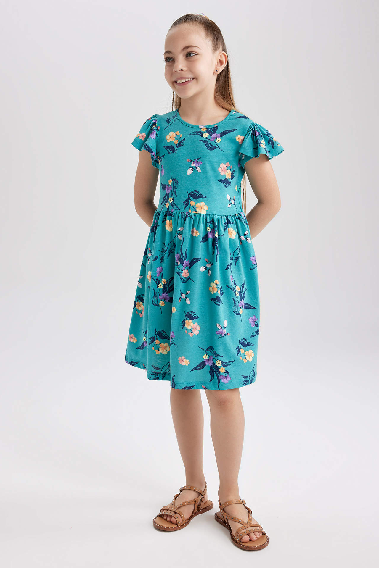 Girl's Patterned Short Sleeve Combed Cotton Dress W7746A623SM ...
